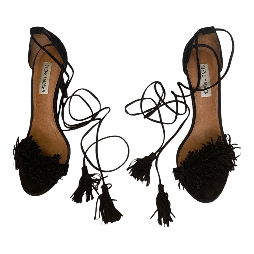 Black fringe open toe steve madden tie up string